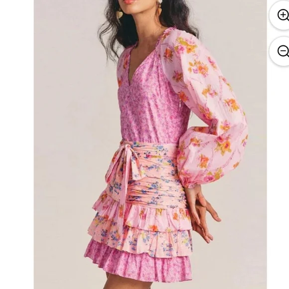 For Love Bell Floral Ruffle Mini Dress Medium NWT Pink Boho Layered V-Neck - Picture 2 of 12